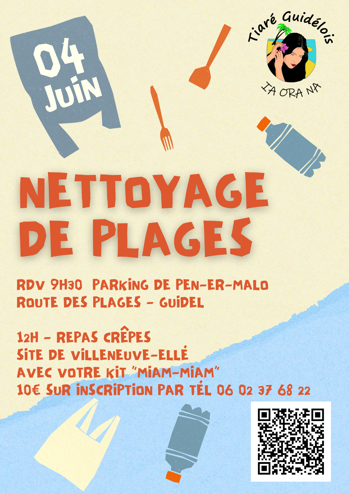 Bleu orange découpage ludique évènement nettoyage plage affiche A3